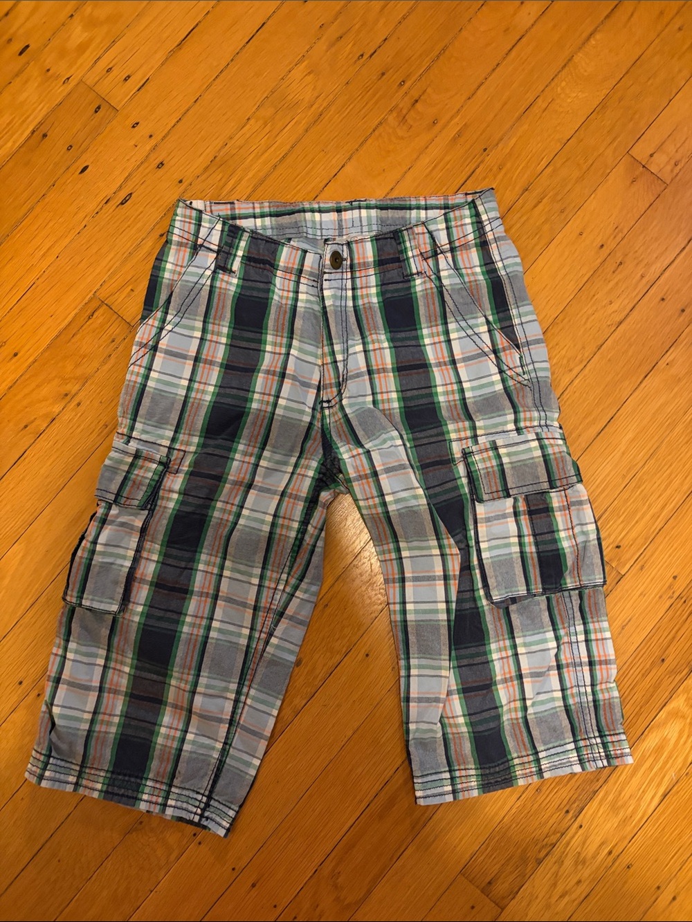 Hanna Andersson size 140 Plaid Boys Long Shorts with Green, Blue & White